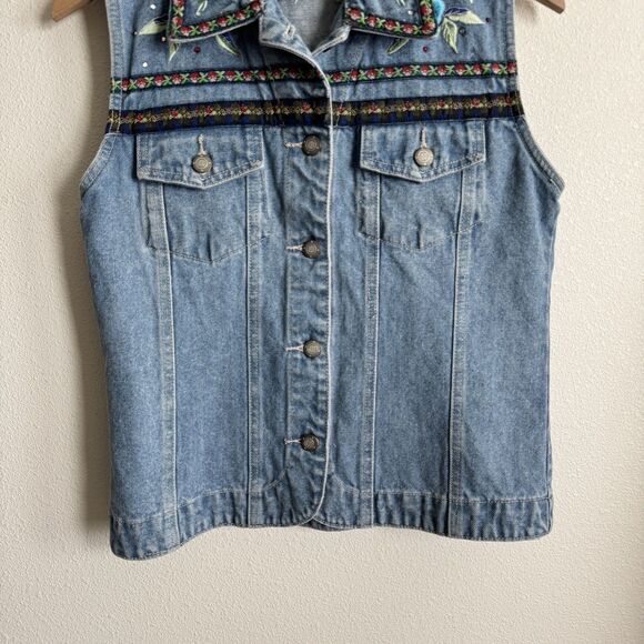Vtg Y2K Bill Blass Vest Womens Small Blue Embroidered Festival Boho Hippie Denim - Picture 3 of 16